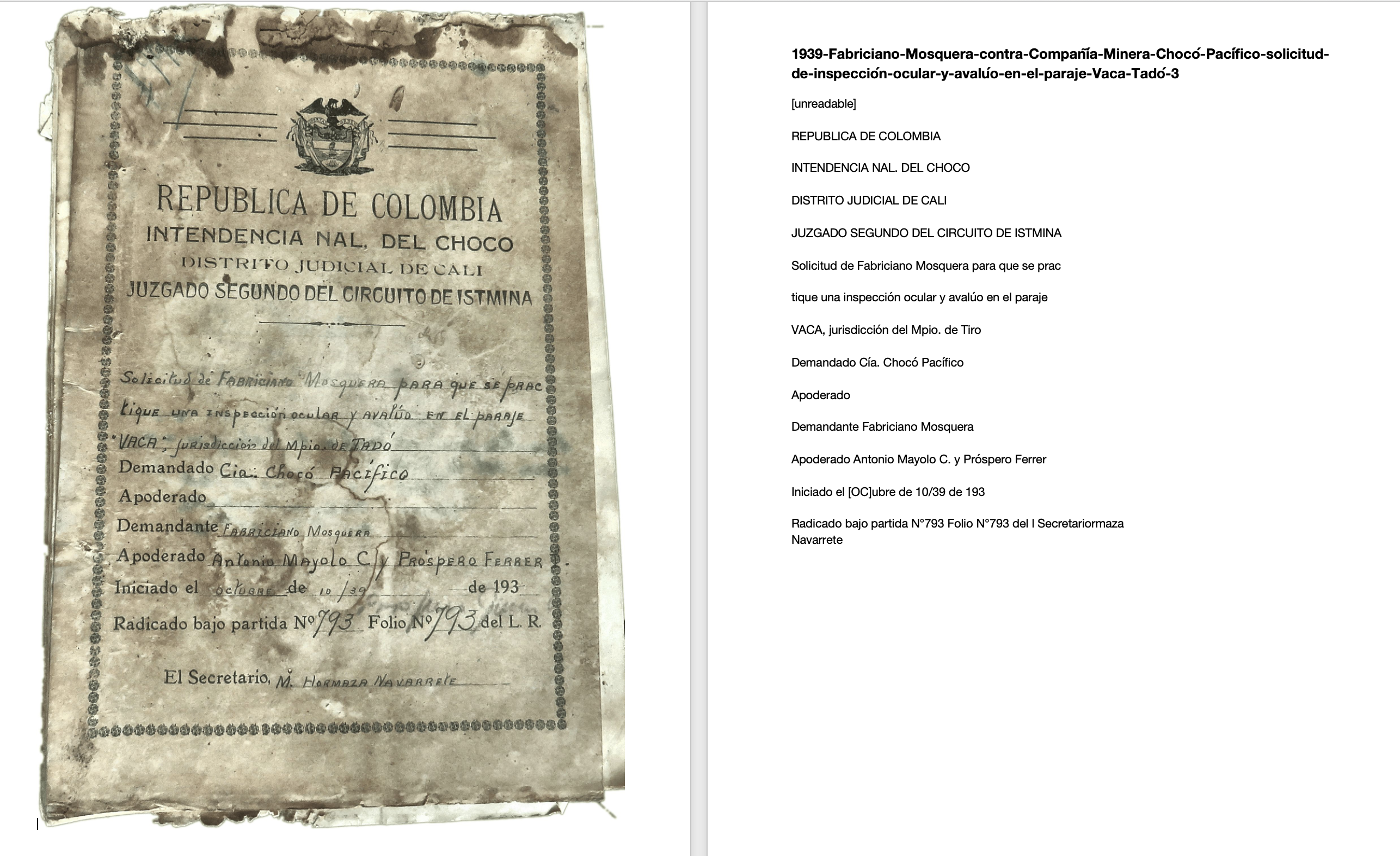 Archivo Histórico Judicial de Istmina 1930-80, Casos procesados en formato Word. Fondo Minería 1930-1980. 